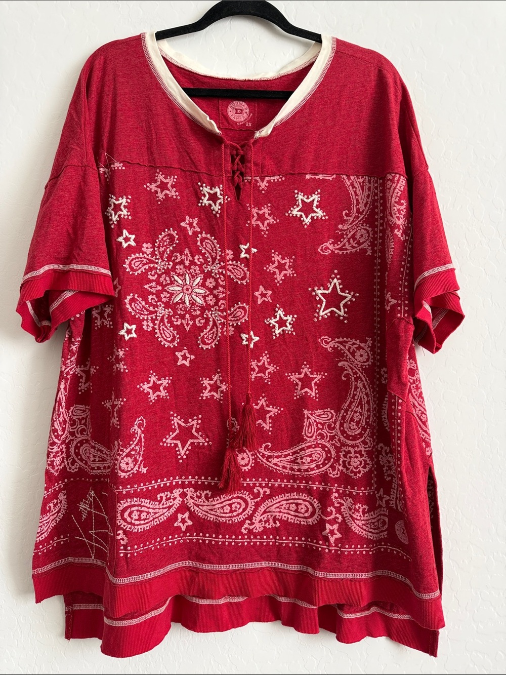 Double D Ranch Red Paisley Lace-Up Tunic Sz 2X